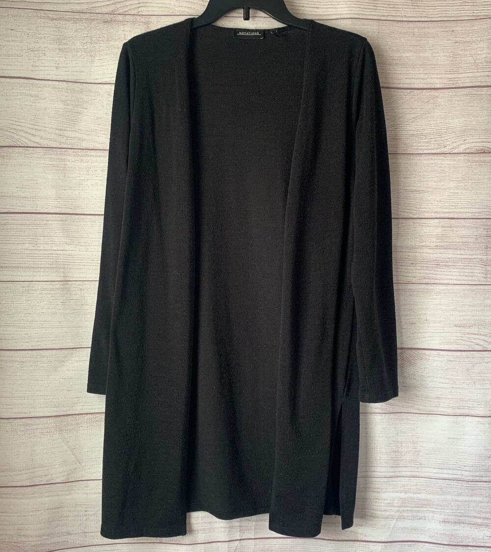 Notations Long Black Cardigan Sweater Open Front 3/4 Sleeves Size Small